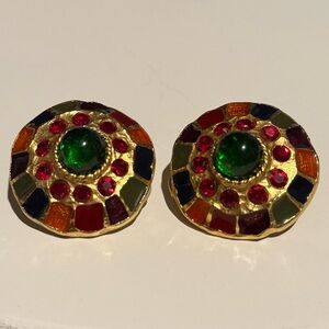 Gerard YOSCA Green Cabochon Multi Color Vintage Gold Tone clip earrings